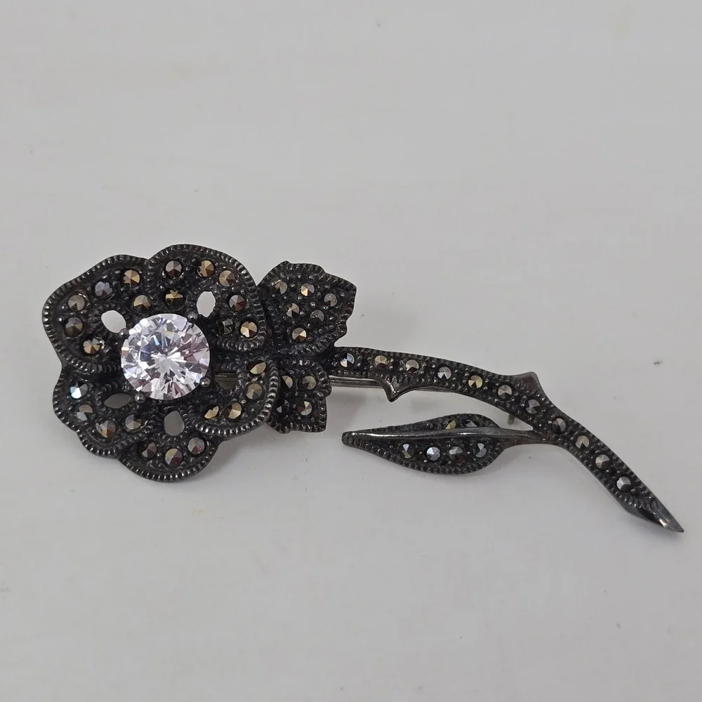 Judith Jack Sterling Silver‎ Marcasite Flower Brooch Pin Cubic Zirconia Rose JJ